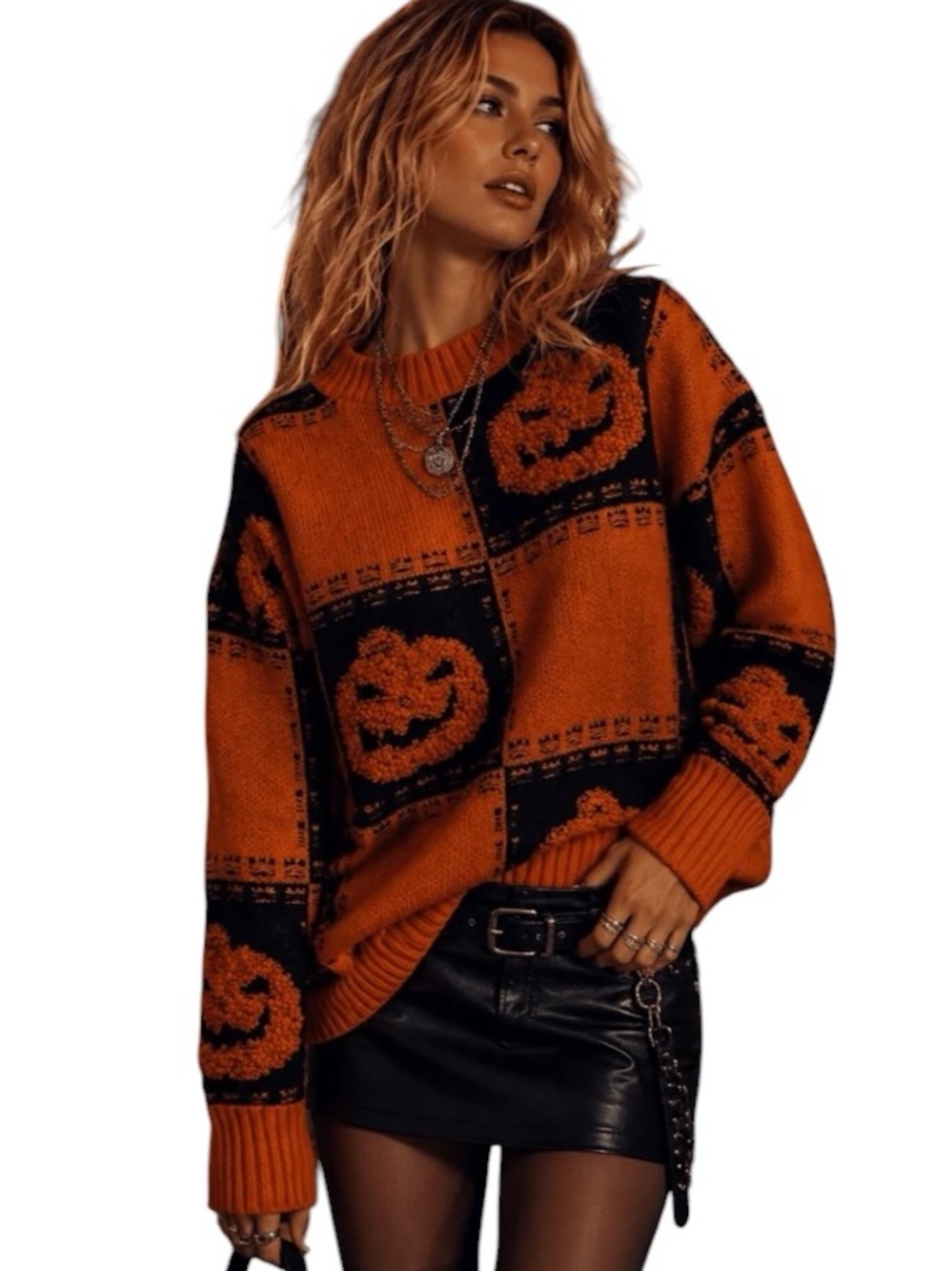 695: LOVELO NWT JACK O LANTERN PRINT SWEATER ORANGE BLACK (H14)